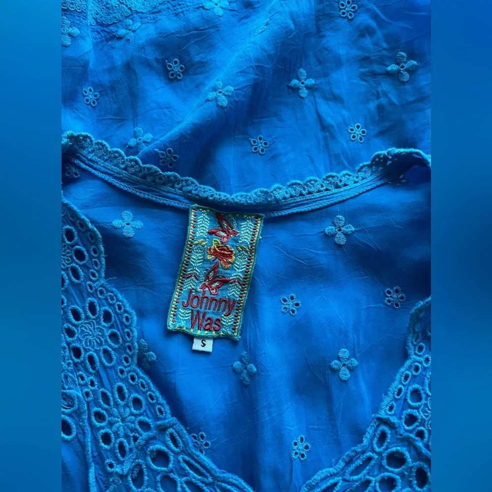 JOHNNY WAS Olympia Eyelet Midi Dress In Ocean Blue Size S - Picture 12 of 14